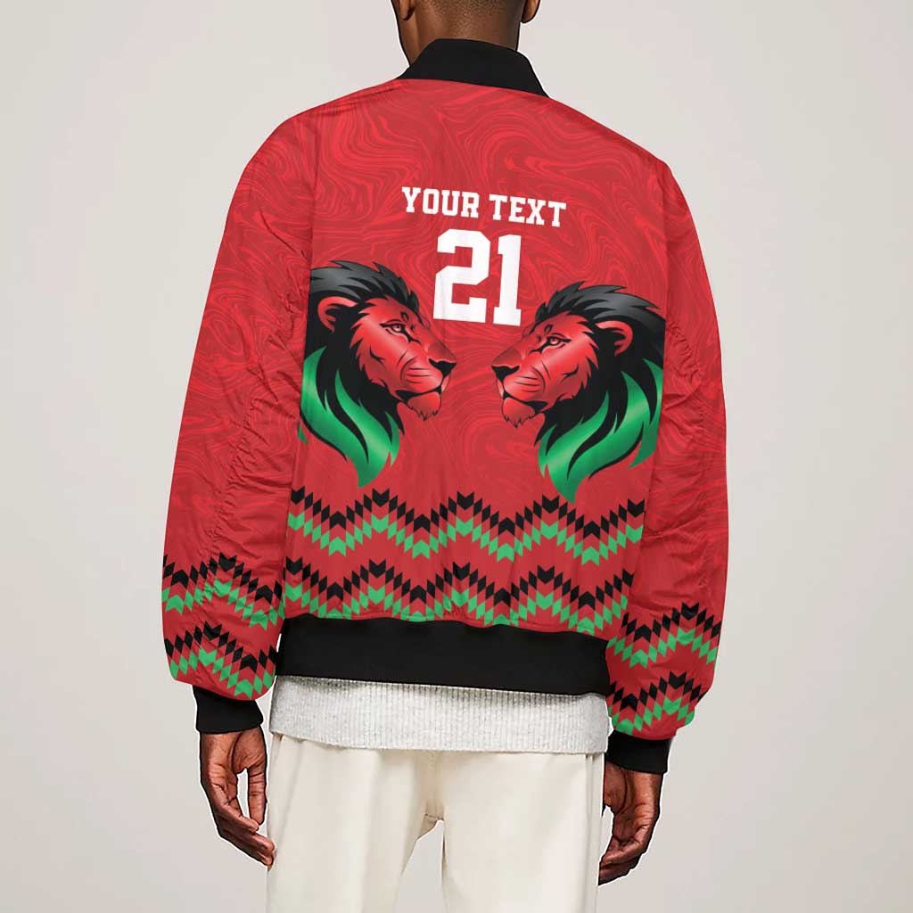 Custom Cricket Africa Kenya Sleeve Zip Bomber Jacket Red Lion Head with Kenyan Pattern - African Pride
