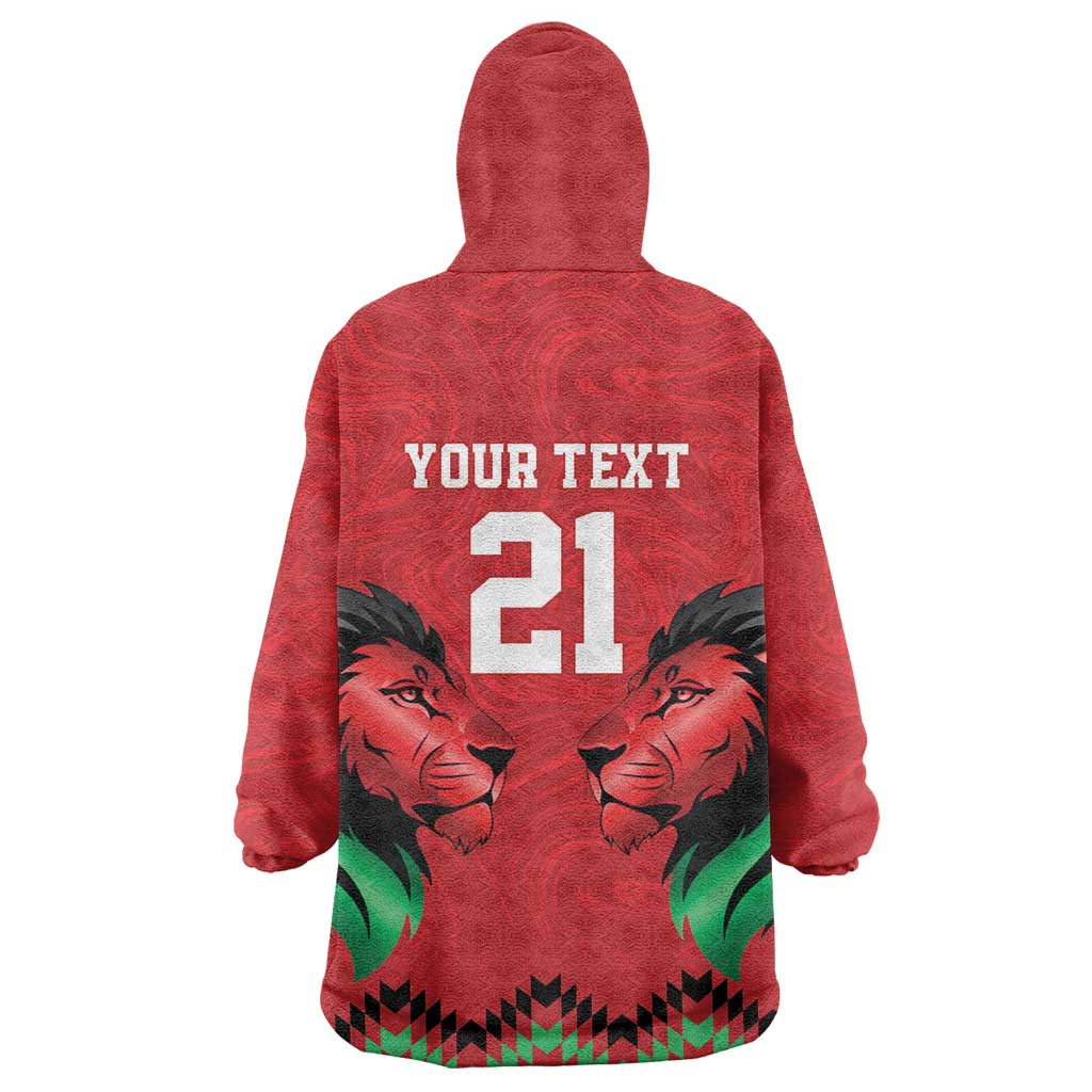 Custom Cricket Africa Kenya Wearable Blanket Hoodie Red Lion Head with Kenyan Pattern - African Pride