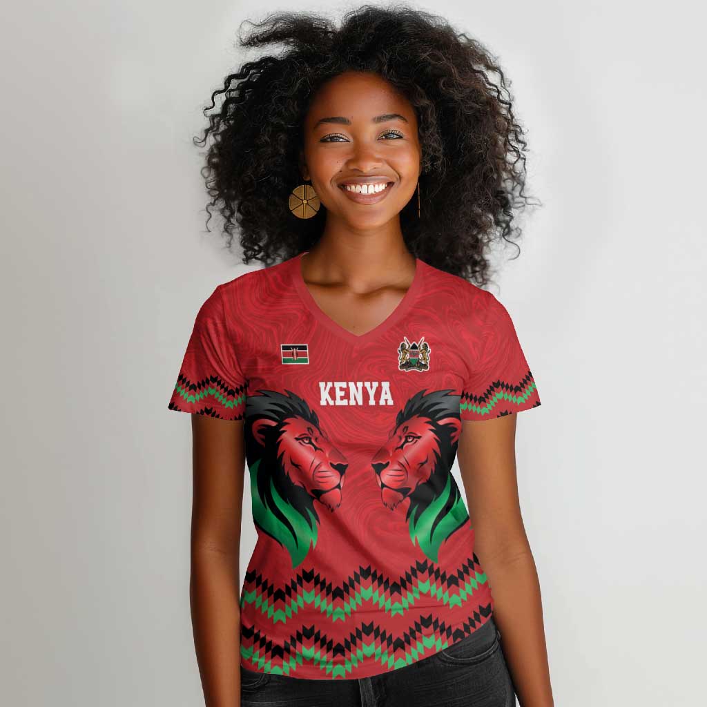 Custom Cricket Africa Kenya Women V-Neck T-Shirt Red Lion Head with Kenyan Pattern - African Pride