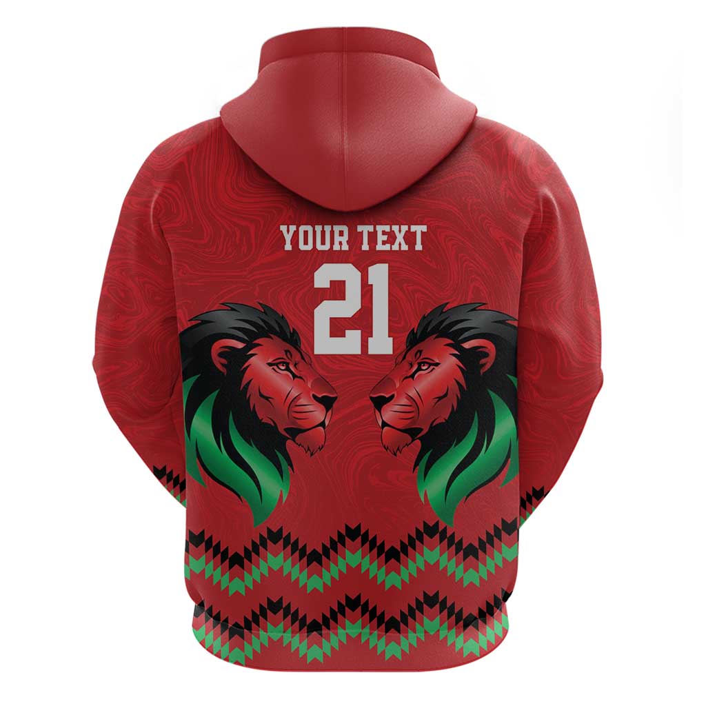 Custom Cricket Africa Kenya Zip Hoodie Red Lion Head with Kenyan Pattern - African Pride