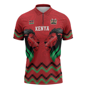 Custom Cricket Africa Kenya Zipper Polo Shirt Red Lion Head Kenyan Pattern