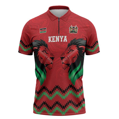 Custom Cricket Africa Kenya Zipper Polo Shirt Red Lion Head Kenyan Pattern