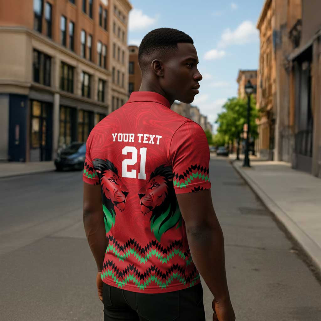 Custom Cricket Africa Kenya Zipper Polo Shirt Red Lion Head Kenyan Pattern