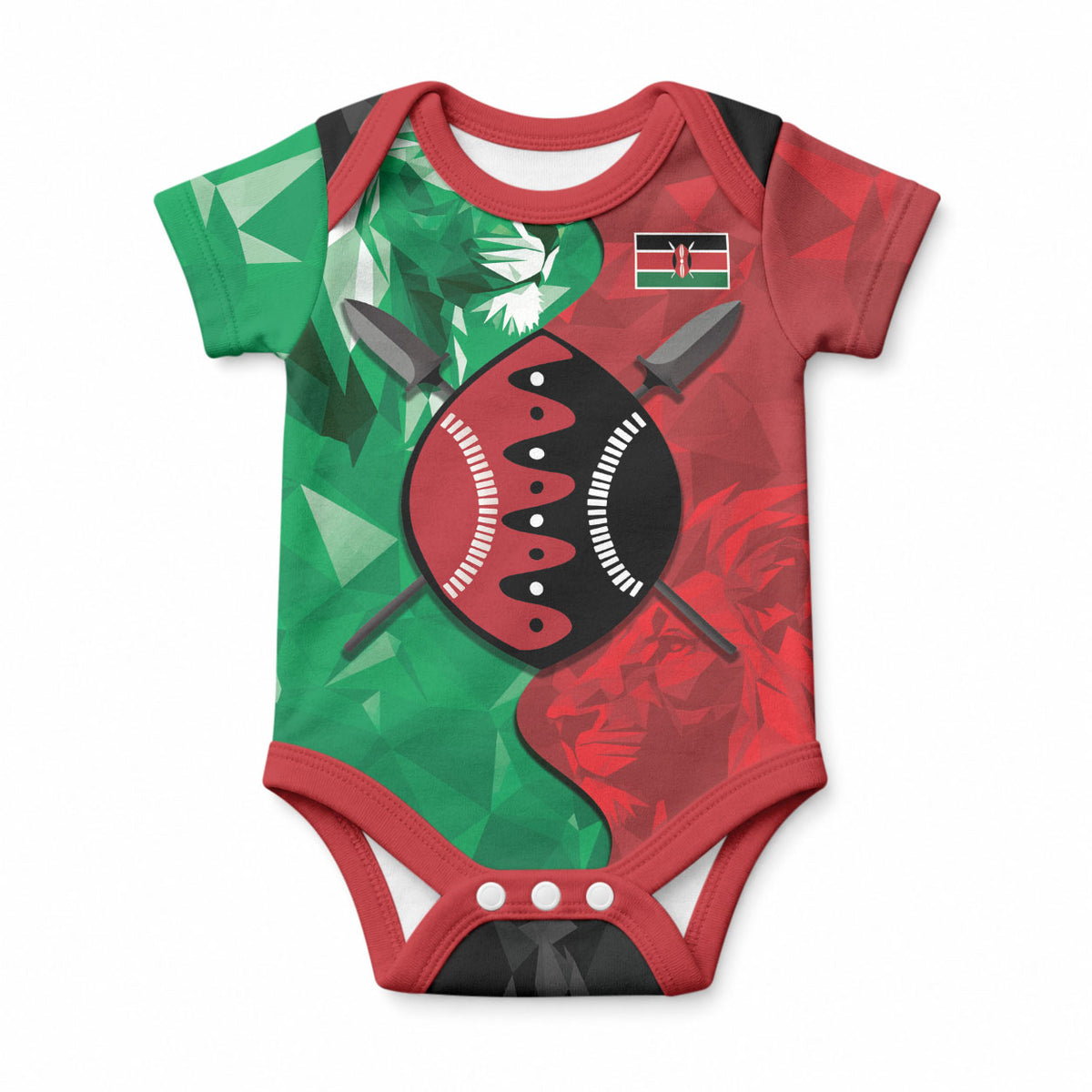 Personalized Kenya Maasai Shield Baby Onesie Green Red Kenyan Lion Half Style