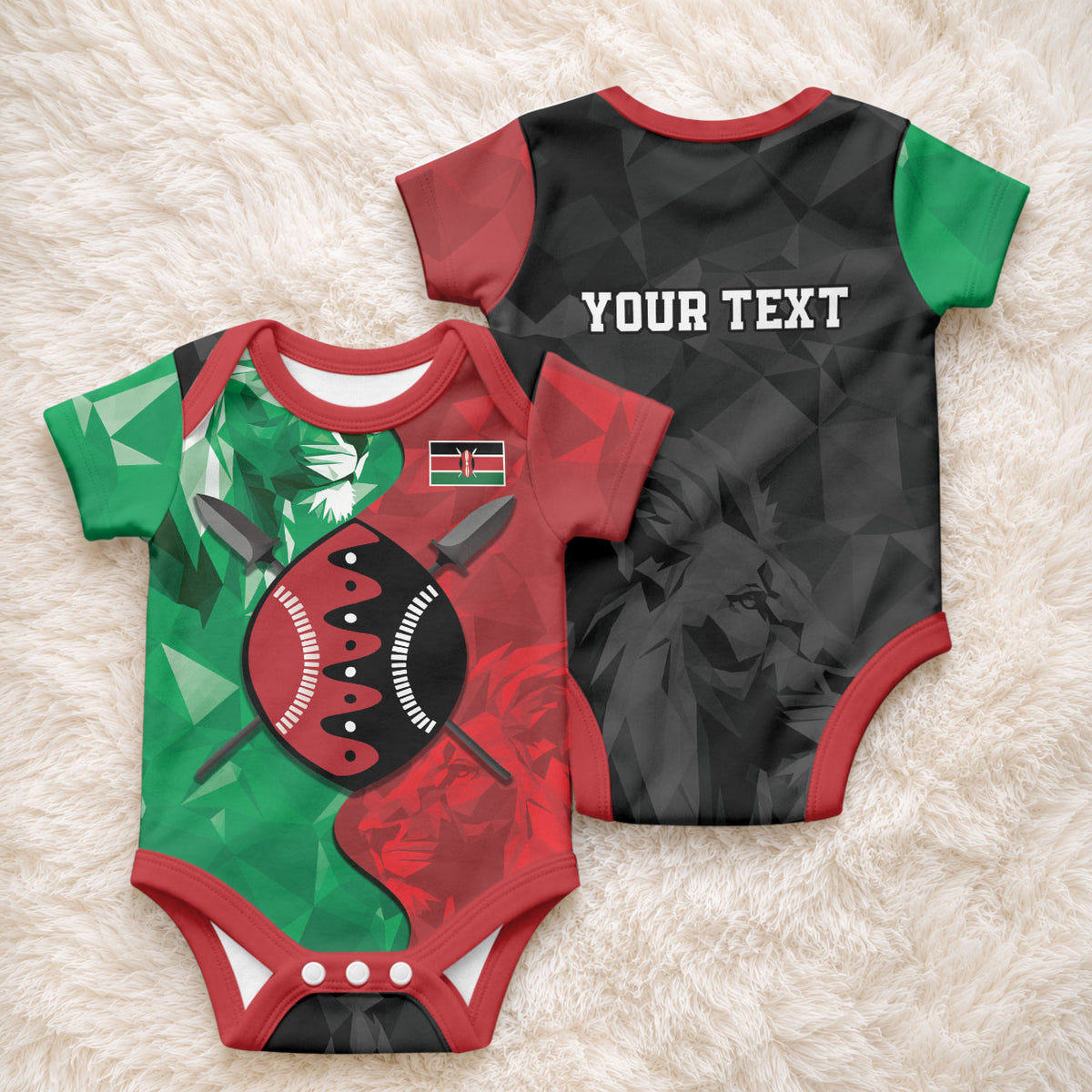 Personalized Kenya Maasai Shield Baby Onesie Green Red Kenyan Lion Half Style