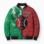 Personalized Kenya Maasai Shield Bomber Puffer Jacket Green Red Kenyan Lion Half Style
