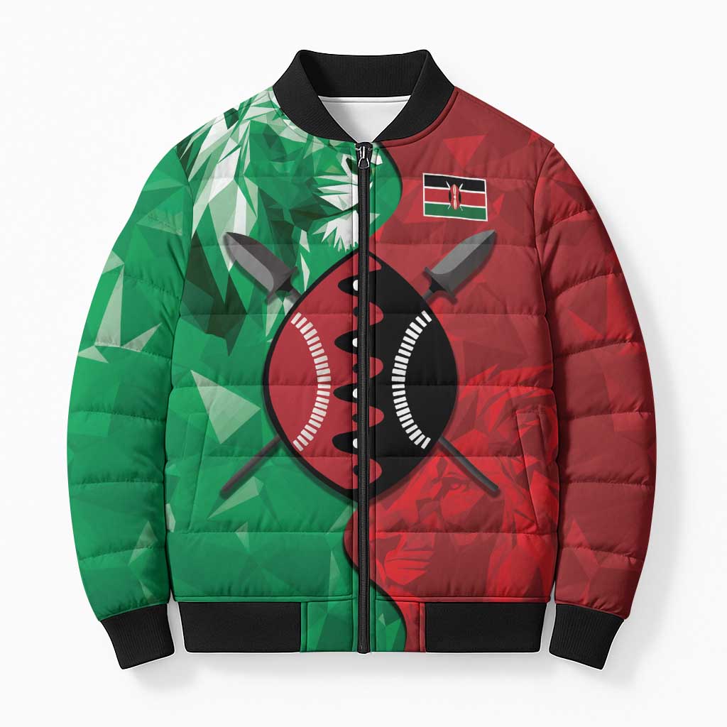 Personalized Kenya Maasai Shield Bomber Puffer Jacket Green Red Kenyan Lion Half Style