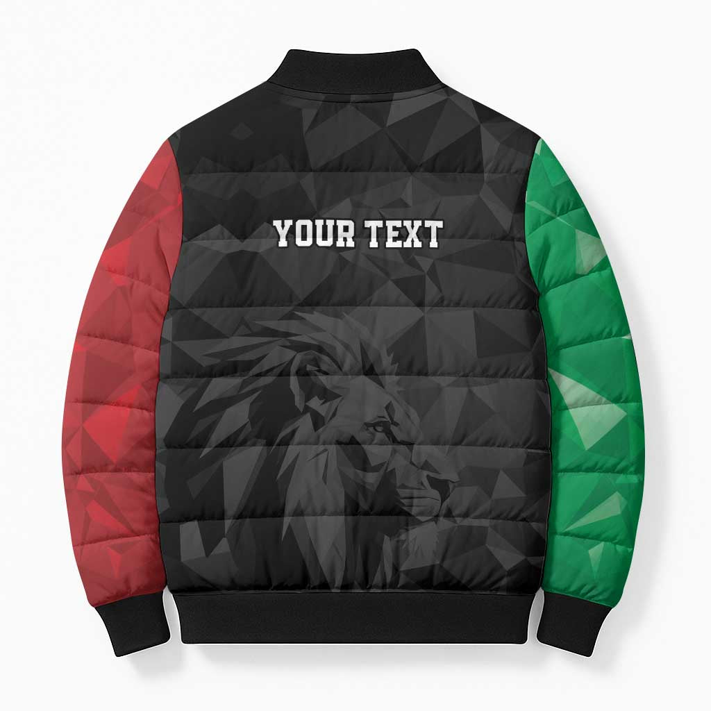 Personalized Kenya Maasai Shield Bomber Puffer Jacket Green Red Kenyan Lion Half Style