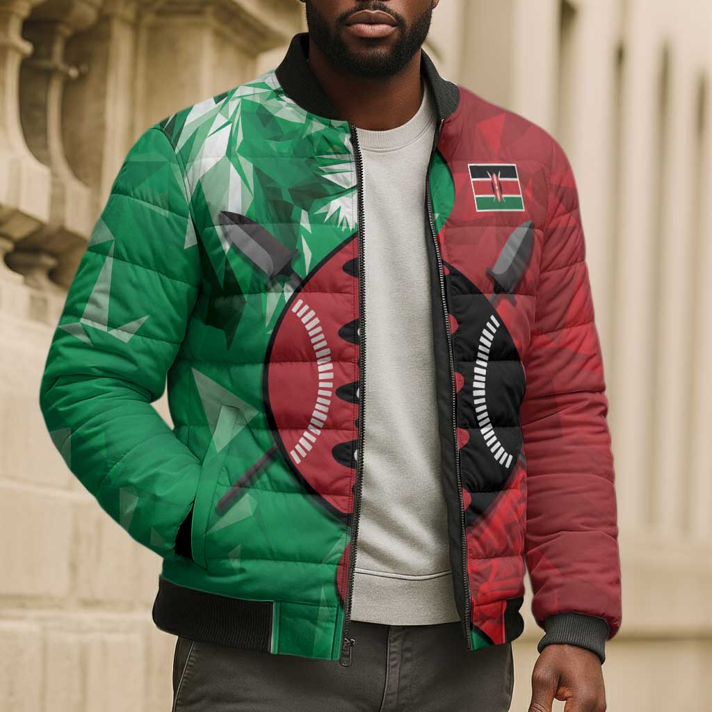 Personalized Kenya Maasai Shield Bomber Puffer Jacket Green Red Kenyan Lion Half Style
