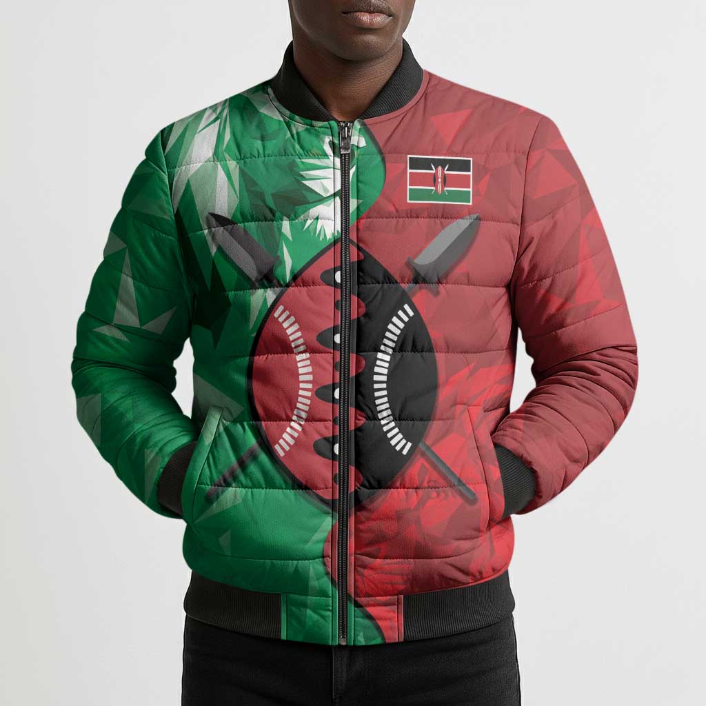 Personalized Kenya Maasai Shield Bomber Puffer Jacket Green Red Kenyan Lion Half Style