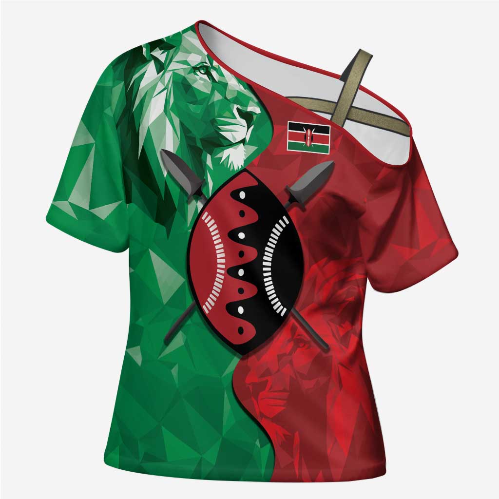 Personalized Kenya Maasai Shield Cross Shoulder Shirt Green Red Kenyan Lion Half Style