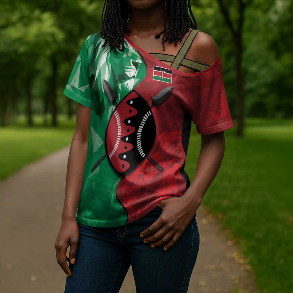 Personalized Kenya Maasai Shield Cross Shoulder Shirt Green Red Kenyan Lion Half Style