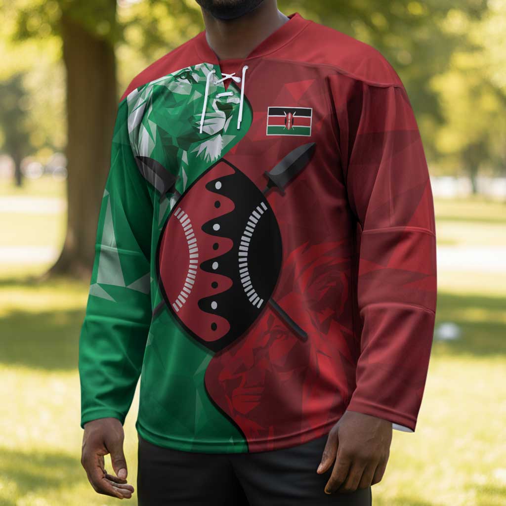 Personalized Kenya Maasai Shield Hockey Jersey Green Red Kenyan Lion Half Style