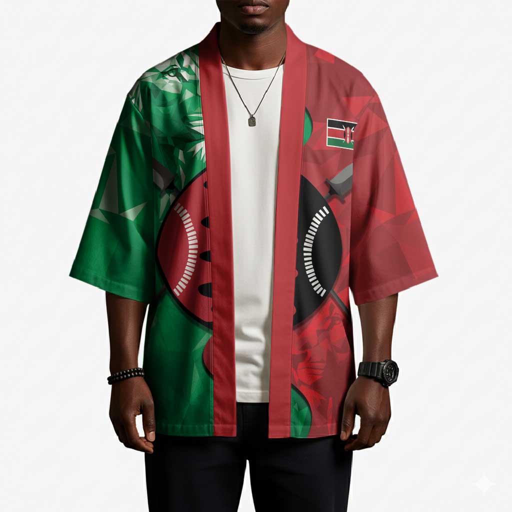 Personalized Kenya Maasai Shield Kimono Green Red Kenyan Lion Half Style