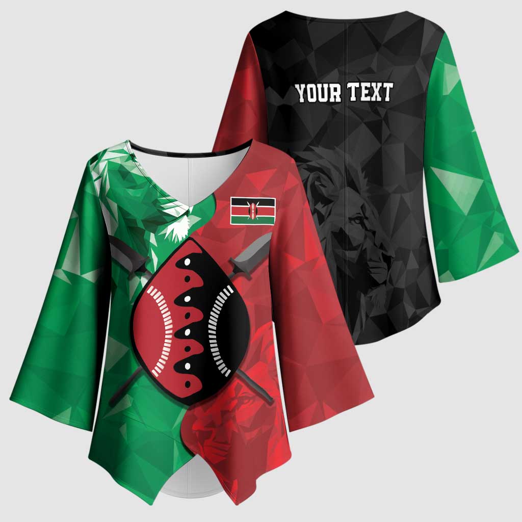 Personalized Kenya Maasai Shield Kimono Sleeve Blouse Green Red Kenyan Lion Half Style