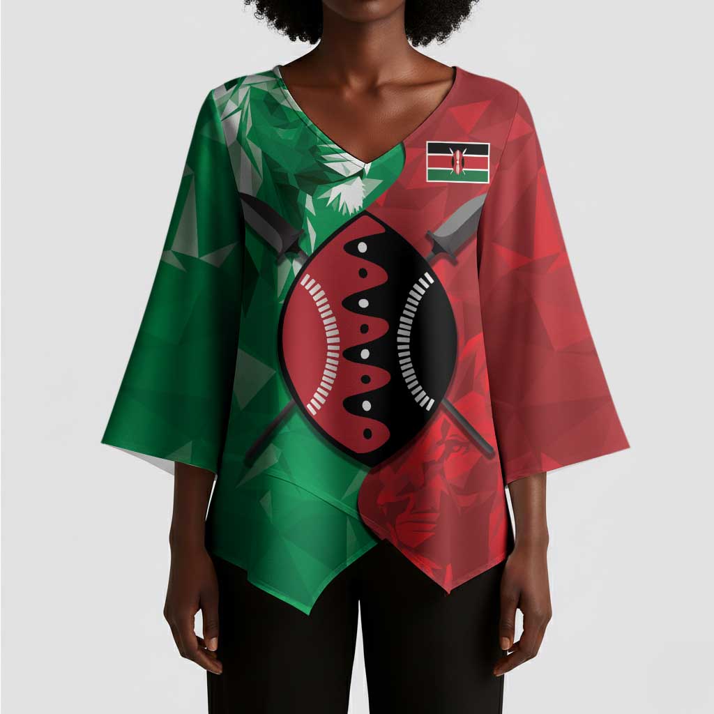 Personalized Kenya Maasai Shield Kimono Sleeve Blouse Green Red Kenyan Lion Half Style