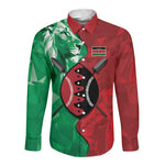 Personalized Kenya Maasai Shield Long Sleeve Button Shirt Green Red Kenyan Lion Half Style - African Pride