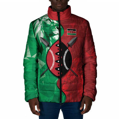 Personalized Kenya Maasai Shield Padded Jacket Green Red Kenyan Lion Half Style