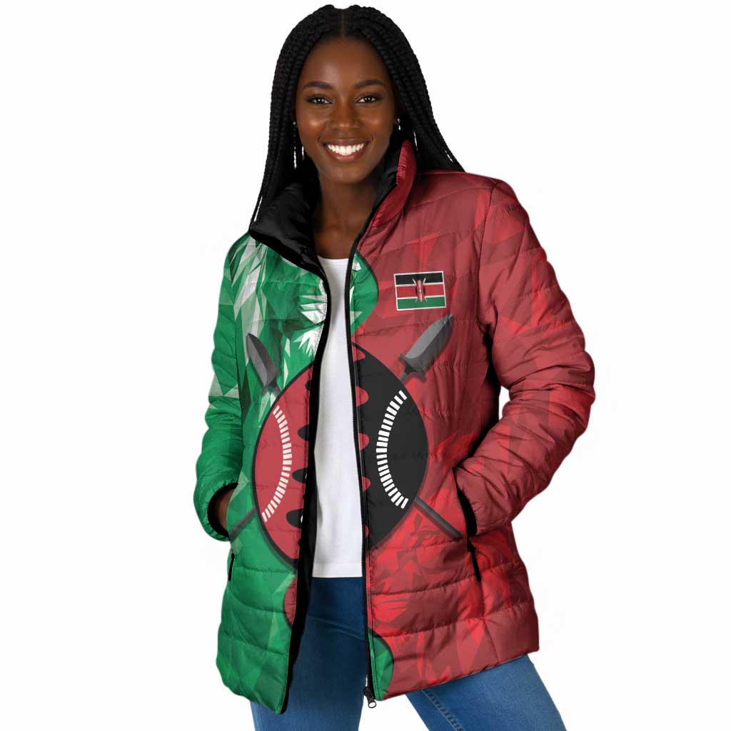 Personalized Kenya Maasai Shield Padded Jacket Green Red Kenyan Lion Half Style