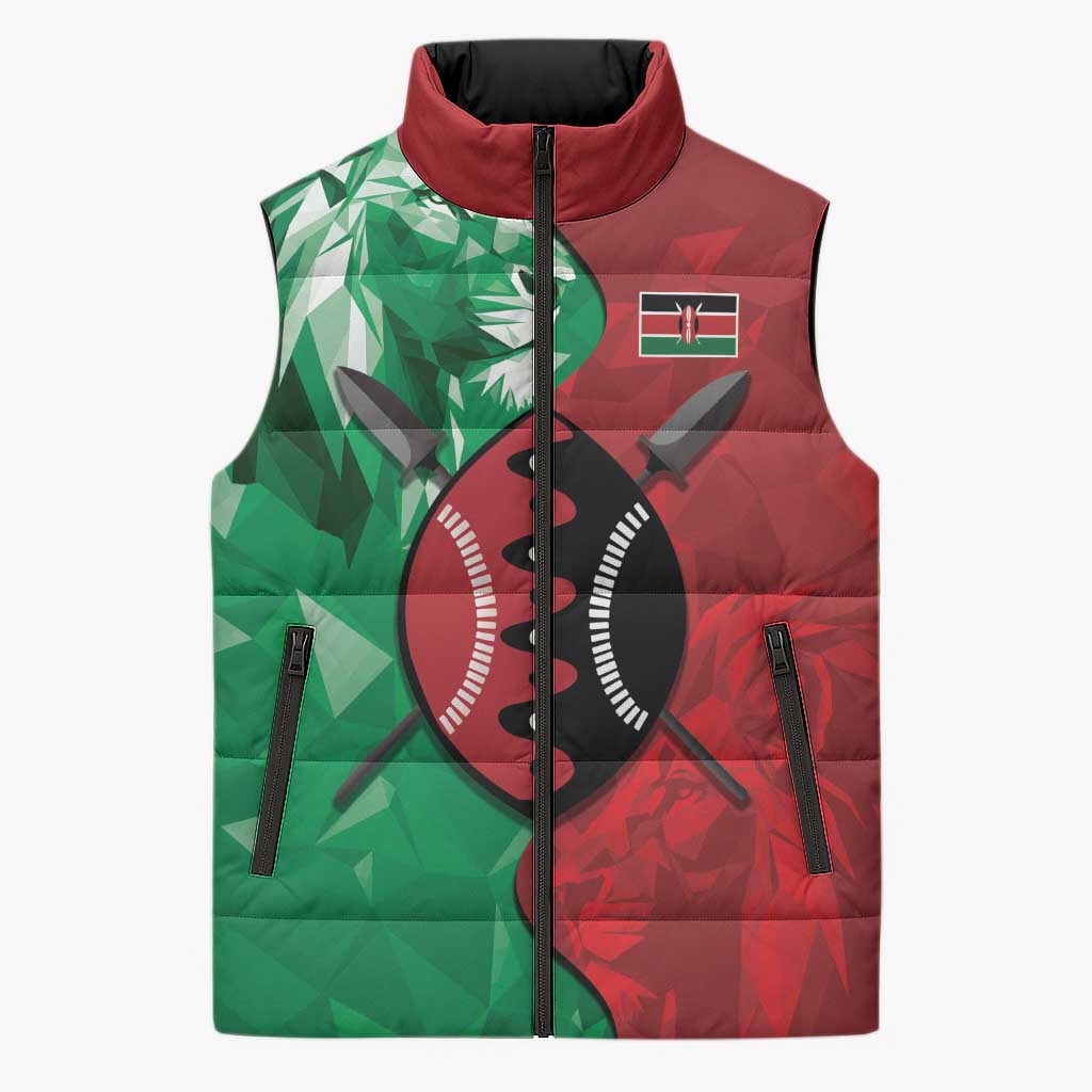 Personalized Kenya Maasai Shield Sleeveless Puffer Jacket Green Red Kenyan Lion Half Style