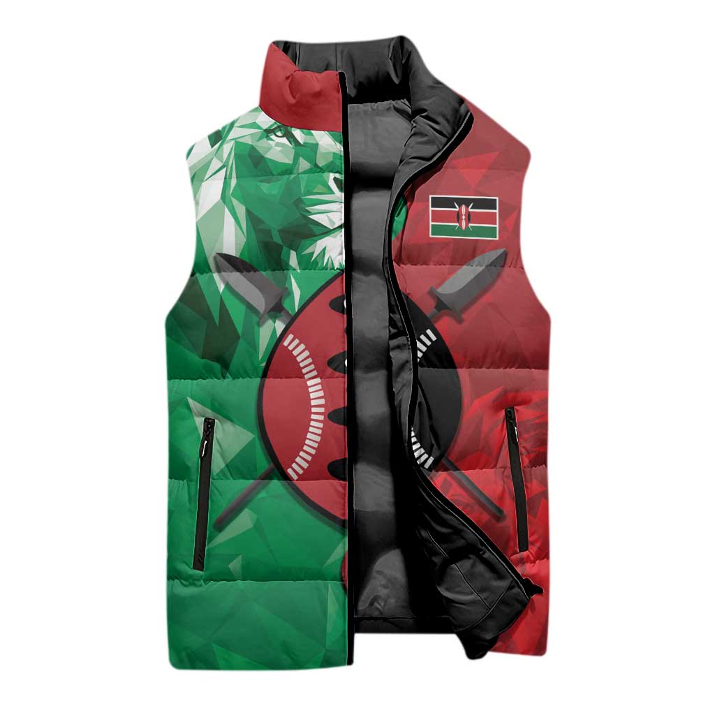 Personalized Kenya Maasai Shield Sleeveless Puffer Jacket Green Red Kenyan Lion Half Style
