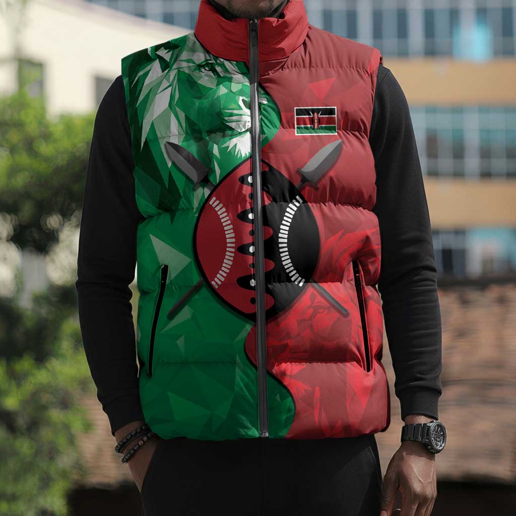 Personalized Kenya Maasai Shield Sleeveless Puffer Jacket Green Red Kenyan Lion Half Style