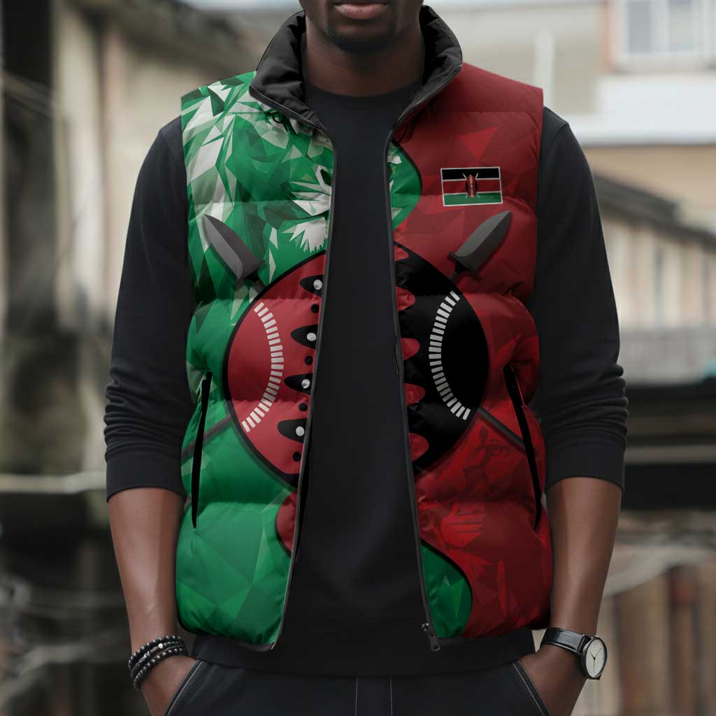 Personalized Kenya Maasai Shield Sleeveless Puffer Jacket Green Red Kenyan Lion Half Style