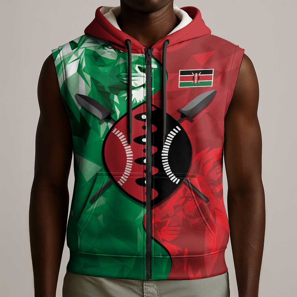 Personalized Kenya Maasai Shield Sleeveless Zip Hoodie Green Red Kenyan Lion Half Style - African Pride