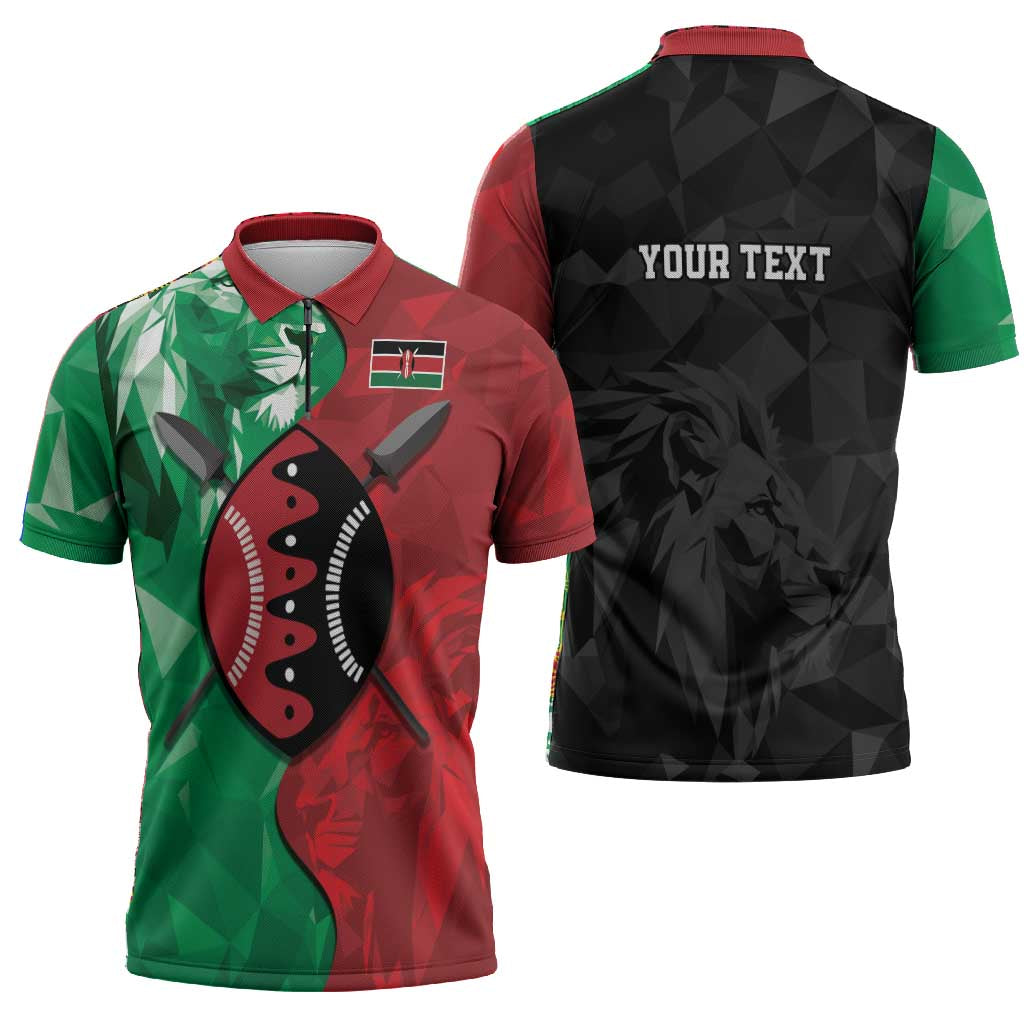 Personalized Kenya Maasai Shield Zipper Polo Shirt Green Red Kenyan Lion Half Style