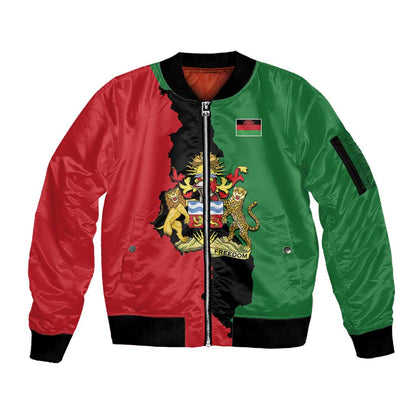 Malawi Flag Map Sleeve Zip Bomber Jacket Simple Malawi Emblem Coat of Arms - African Pride