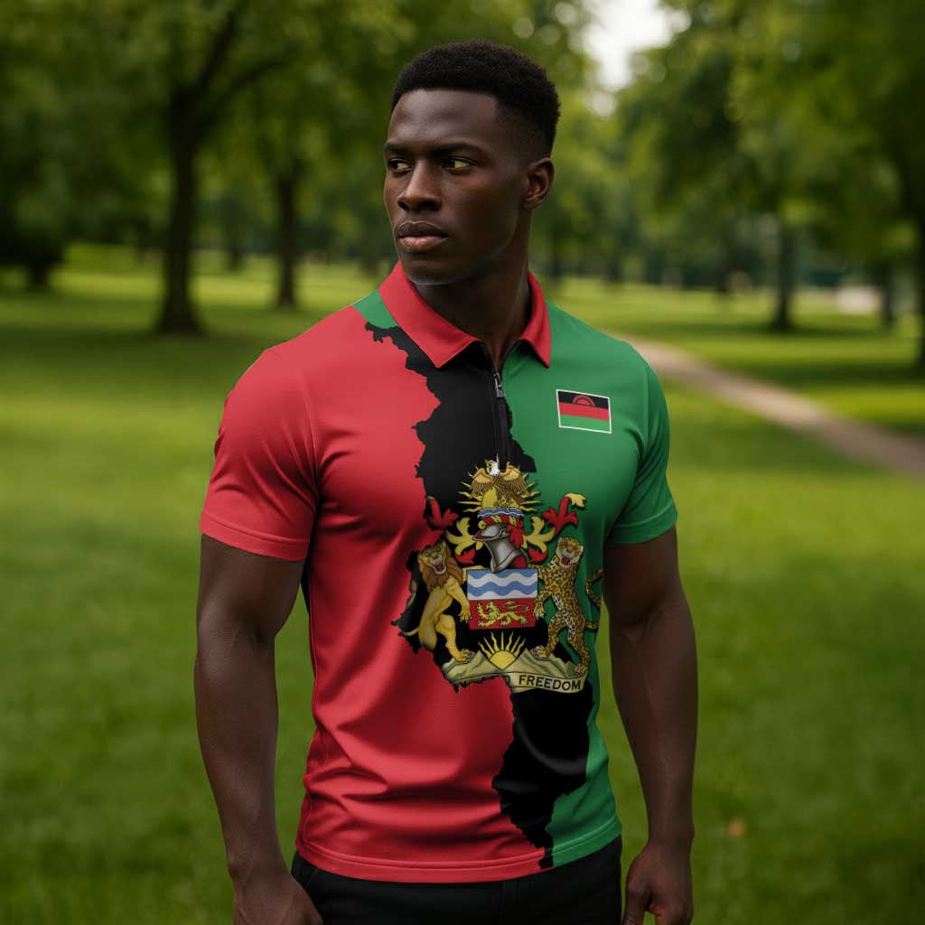 Personalized  Malawi Flag Map Zipper Polo Shirt Simple Malawi Emblem Coat of Arms
