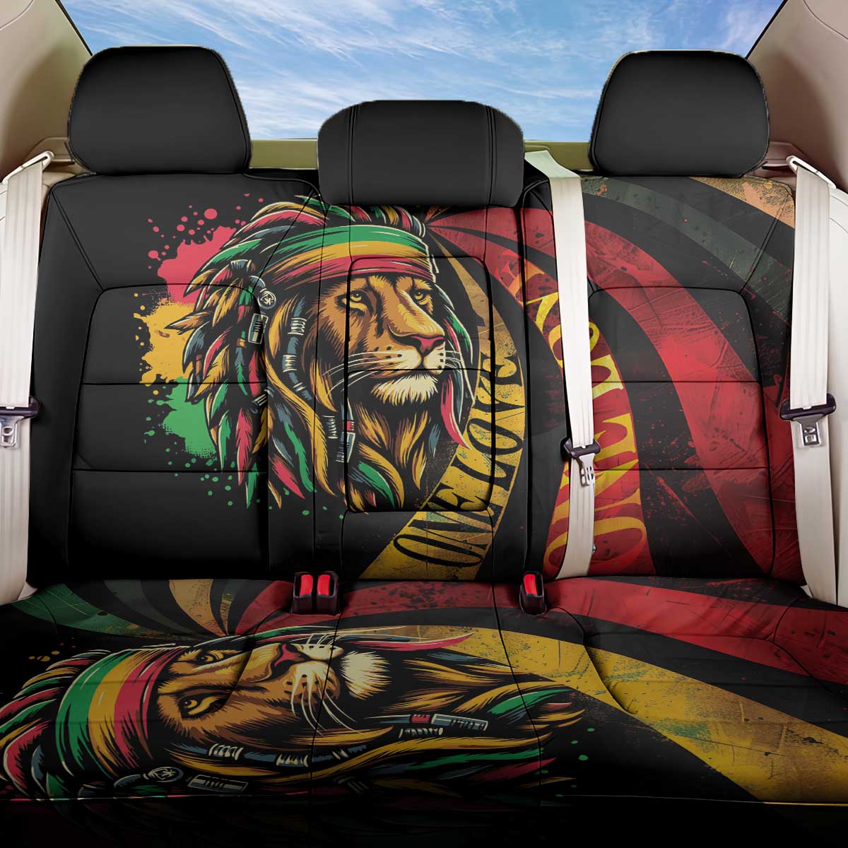 Black Jamaican Back Car Seat Cover Rastafarian Lion One Love