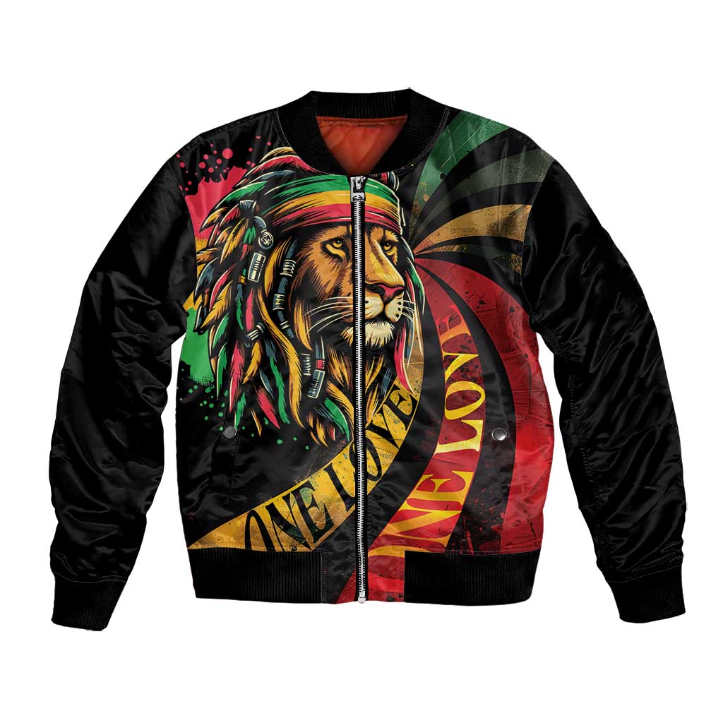 Black Jamaican Bomber Jacket Rastafarian Lion One Love LT9