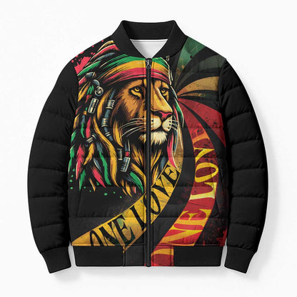 Black Jamaican Bomber Puffer Jacket Rastafarian Lion One Love