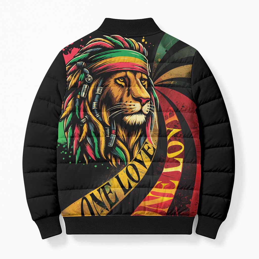 Black Jamaican Bomber Puffer Jacket Rastafarian Lion One Love