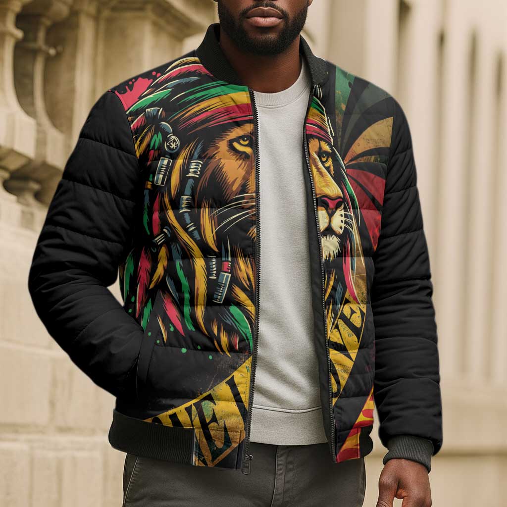 Black Jamaican Bomber Puffer Jacket Rastafarian Lion One Love