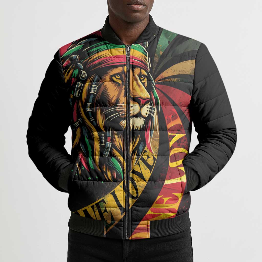 Black Jamaican Bomber Puffer Jacket Rastafarian Lion One Love