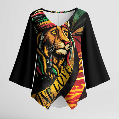 Black Jamaican Kimono Sleeve Blouse Rastafarian Lion One Love