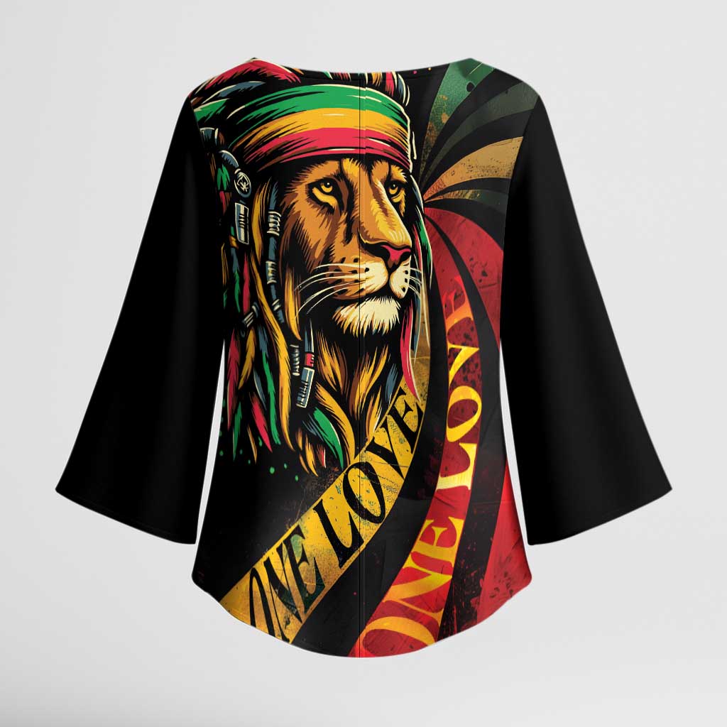 Black Jamaican Kimono Sleeve Blouse Rastafarian Lion One Love