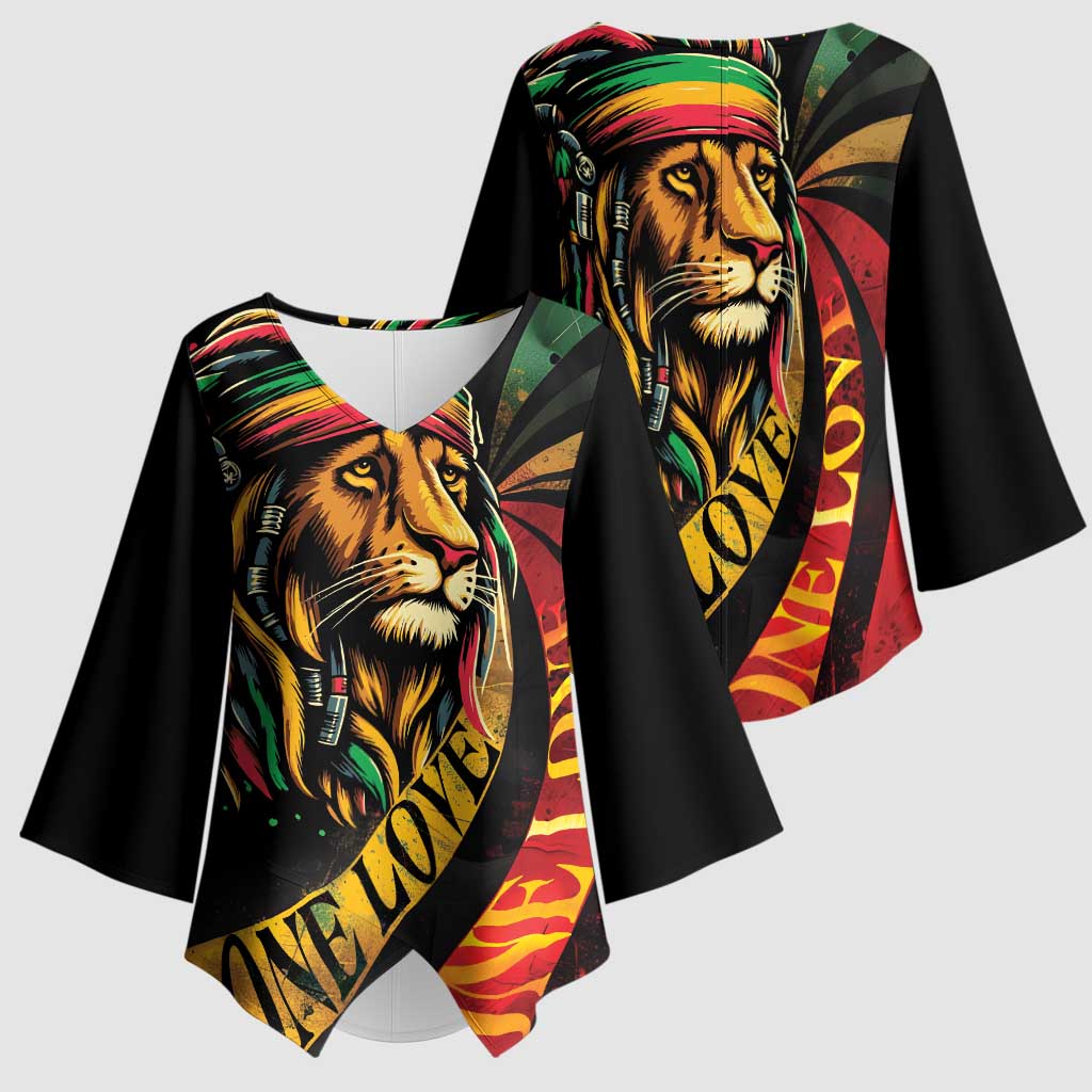 Black Jamaican Kimono Sleeve Blouse Rastafarian Lion One Love