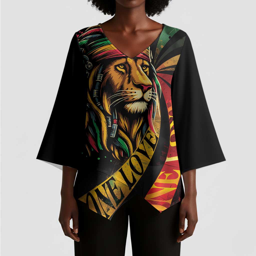 Black Jamaican Kimono Sleeve Blouse Rastafarian Lion One Love