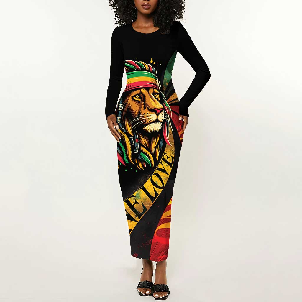 Black Jamaican Long Sleeve Bodycon Dress Rastafarian Lion One Love LT9