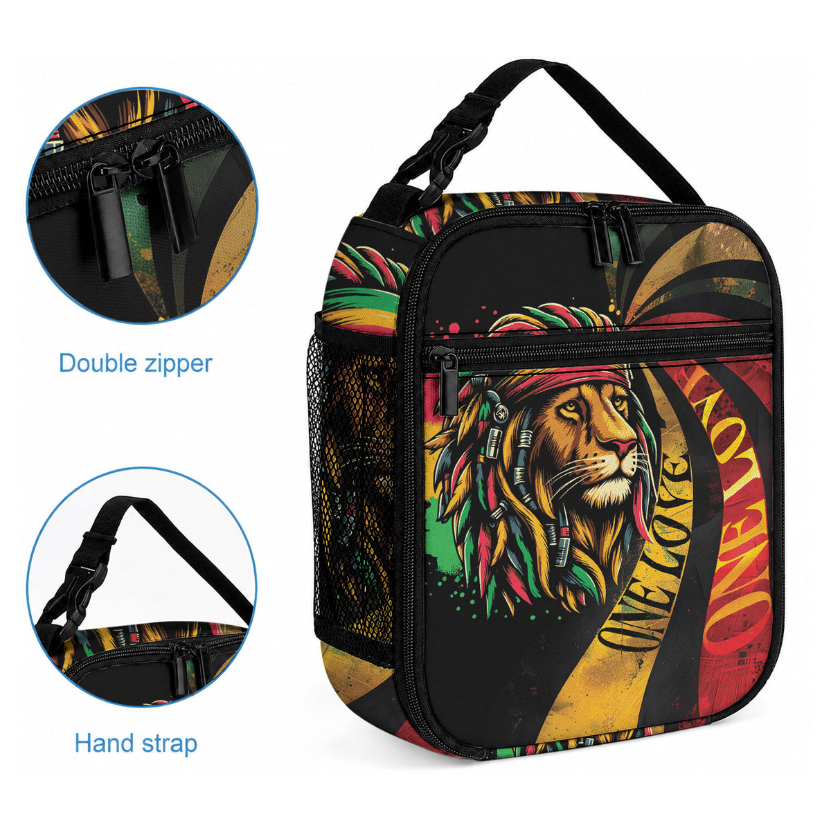 Black Jamaican Lunch Bag Rastafarian Lion One Love