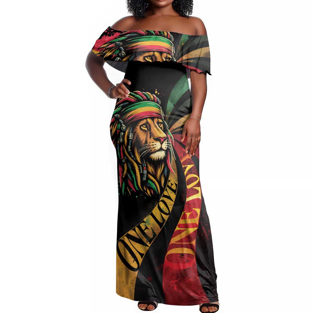 Black Jamaican Off Shoulder Maxi Dress Rastafarian Lion One Love LT9