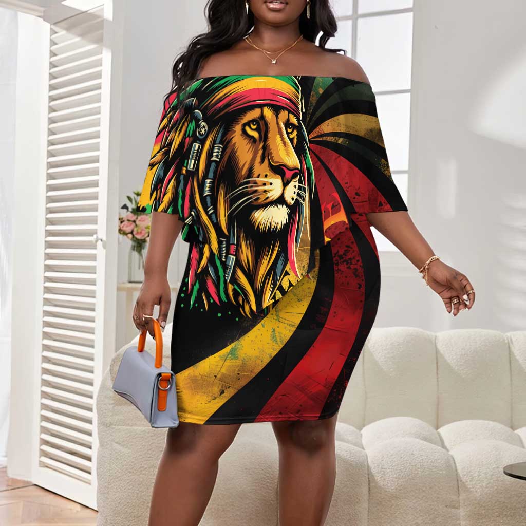 Black Jamaican Off Shoulder Short Dress Rastafarian Lion One Love LT9