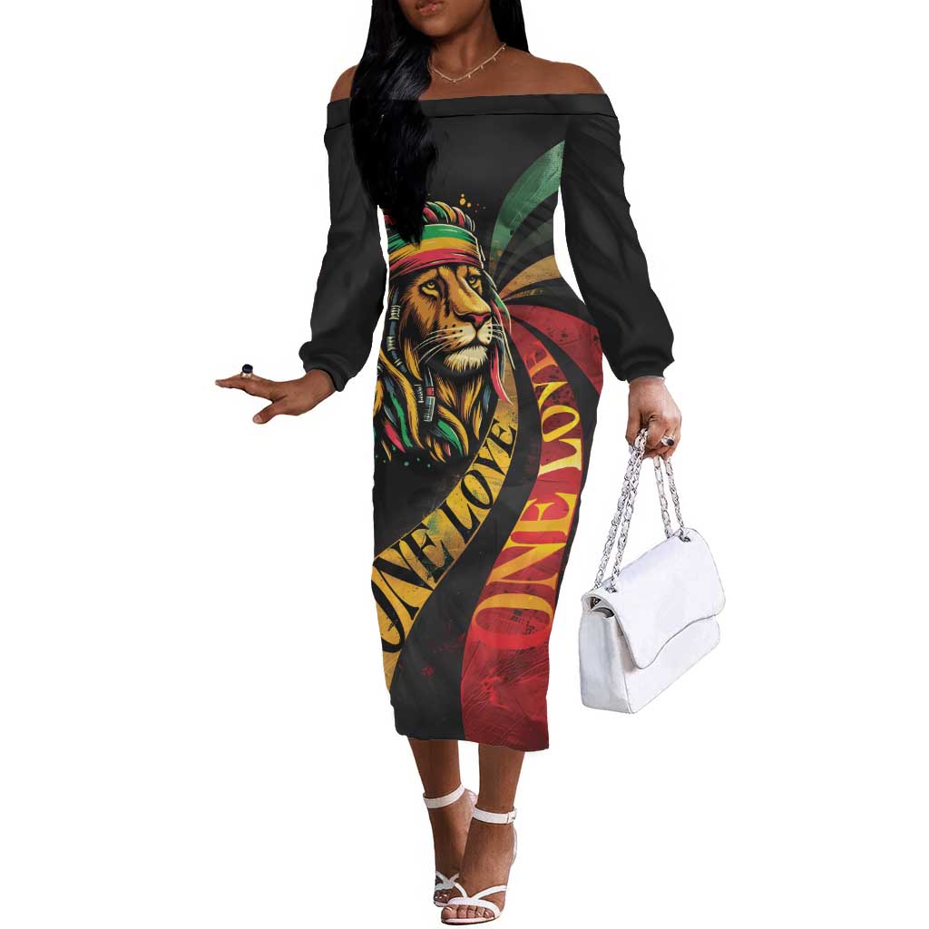 Black Jamaican Off The Shoulder Long Sleeve Dress Rastafarian Lion One Love LT9