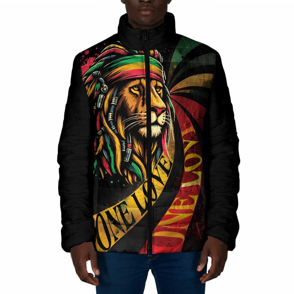 Black Jamaican Padded Jacket Rastafarian Lion One Love