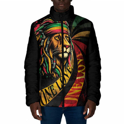 Black Jamaican Padded Jacket Rastafarian Lion One Love
