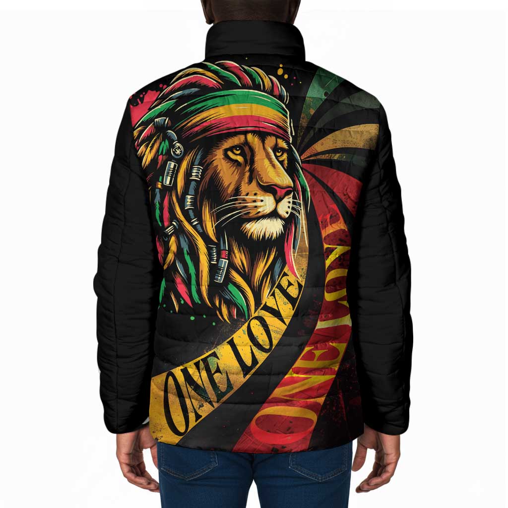 Black Jamaican Padded Jacket Rastafarian Lion One Love