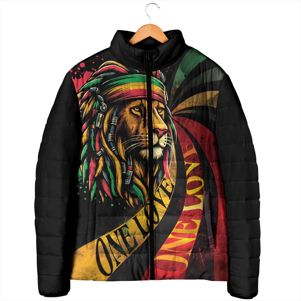 Black Jamaican Padded Jacket Rastafarian Lion One Love